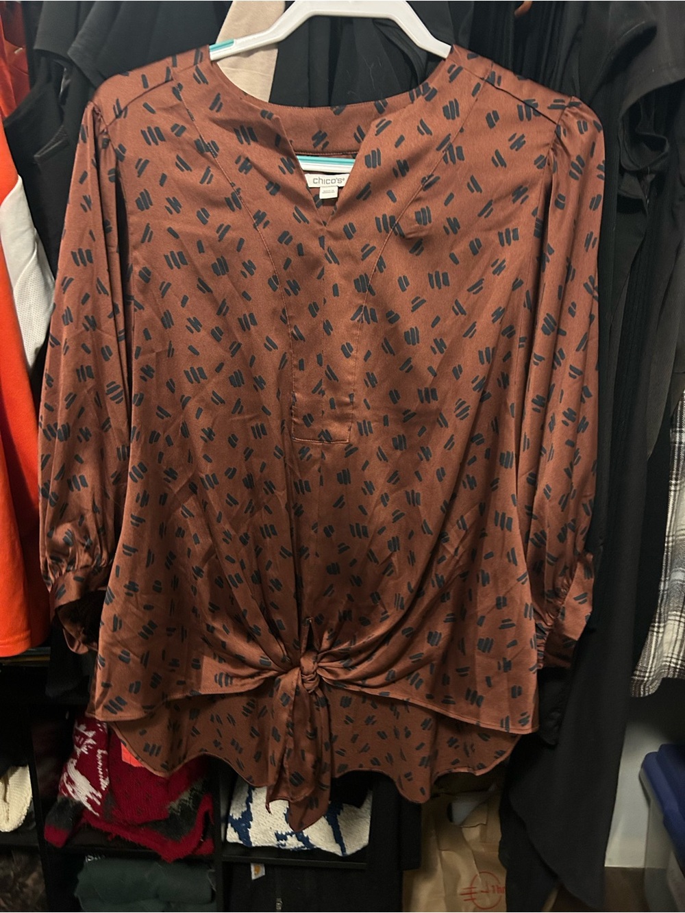 Chico's satin Brown Printed Knot-Front Blouse